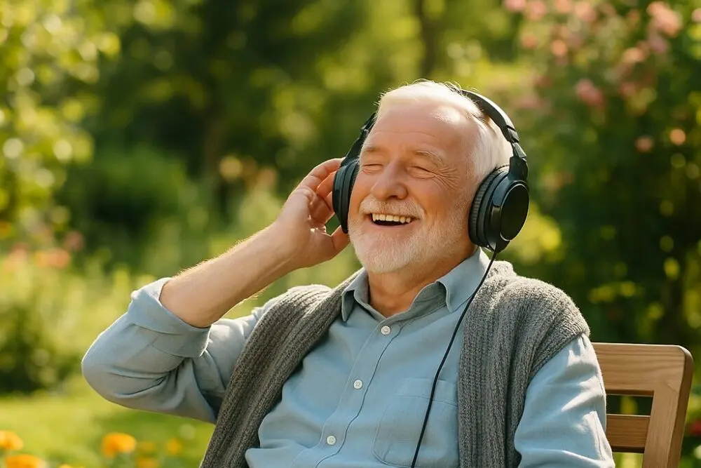 Älterer Mensch hört Musik per Streaming mit Amazon Music Unlimited