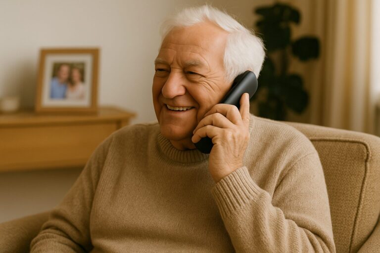 Aelterer Mann telefoniert laechelnd mit einem schnurlosen Telefon