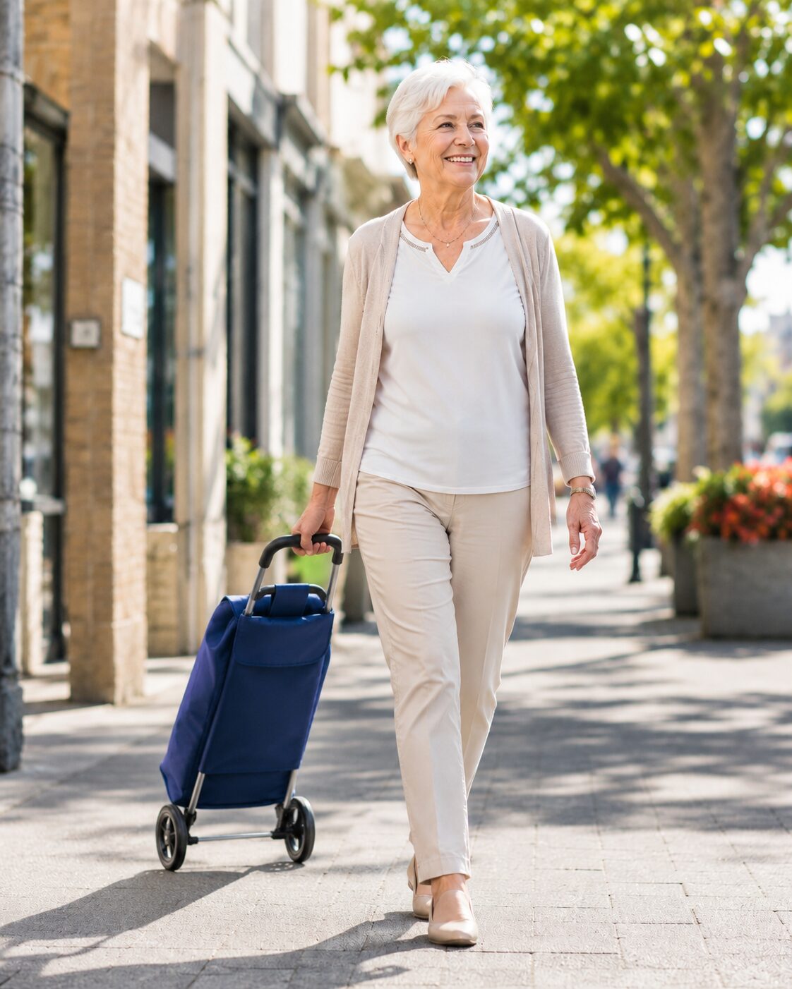 Aeltere Frau zieht einen blauen Einkaufstrolley auf Raedern ueber einen sonnigen Gehweg.