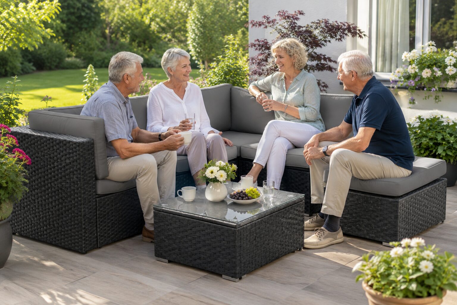 Seniorengerechte Gartensitzgruppe mit Armlehnen und bequemer Sitzhoehe fuer Senioren