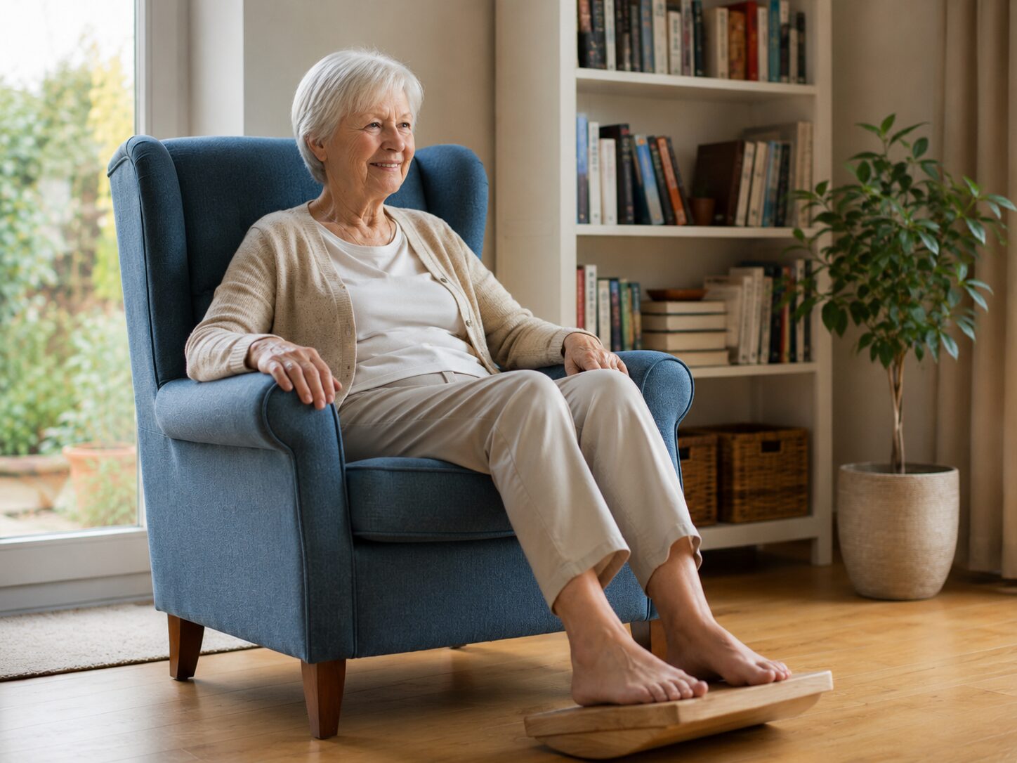 Seniorin sitzt im Sessel und nutzt eine Fu&szlig;wippe