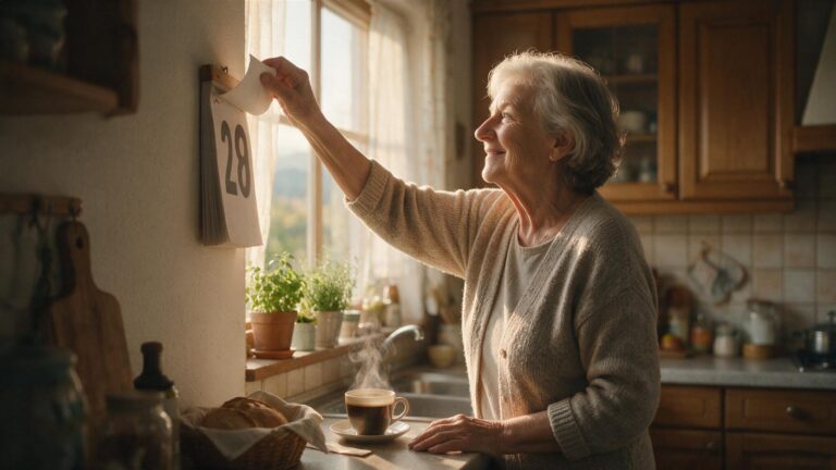 Aeltere Frau reisst ein Blatt vom Abreisskalender ab