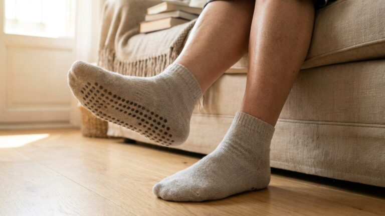 Socken mit Gumminoppen an der Sohle