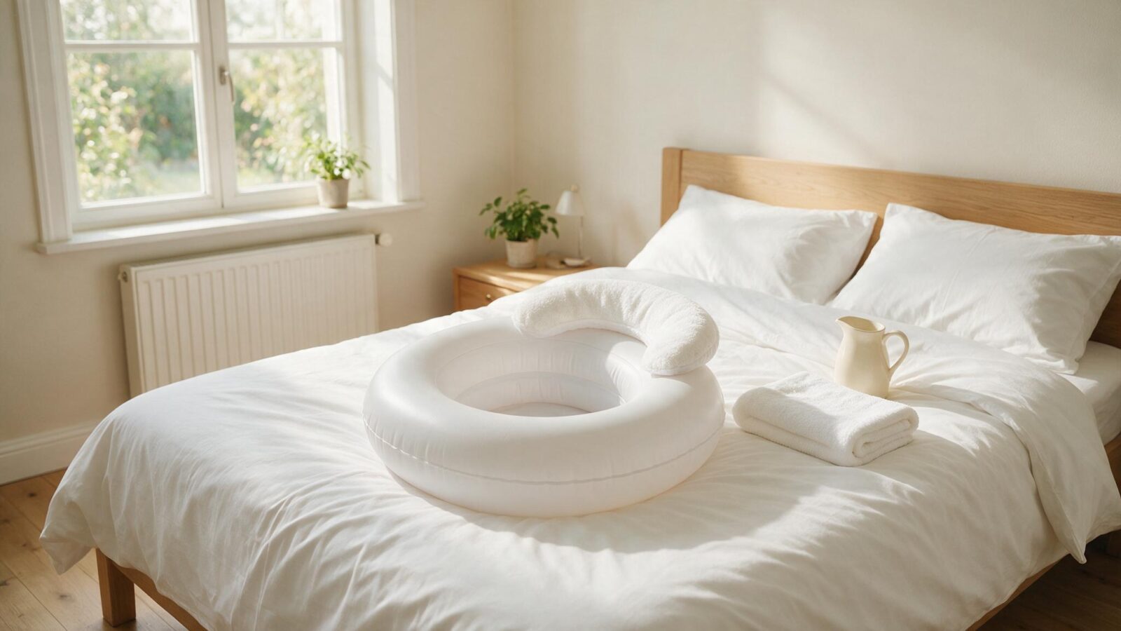 Aufblasbares Haarwaschbecken liegt bereit auf einem frisch bezogenen Bett, daneben Handtuch und Kanne.