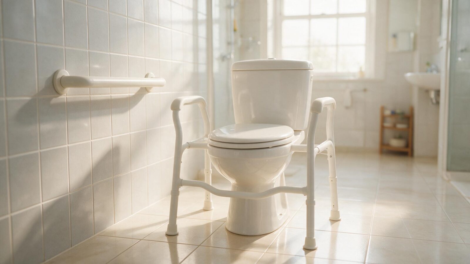 Weisses Toilettenstuetzgestell mit Armlehnen steht um eine Toilette im Badezimmer