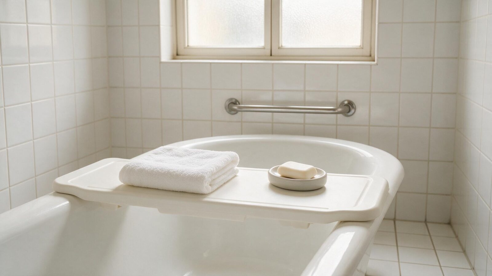 Weißes Badewannenbrett quer über einer Badewanne, daneben ein Haltegriff an der Wand.