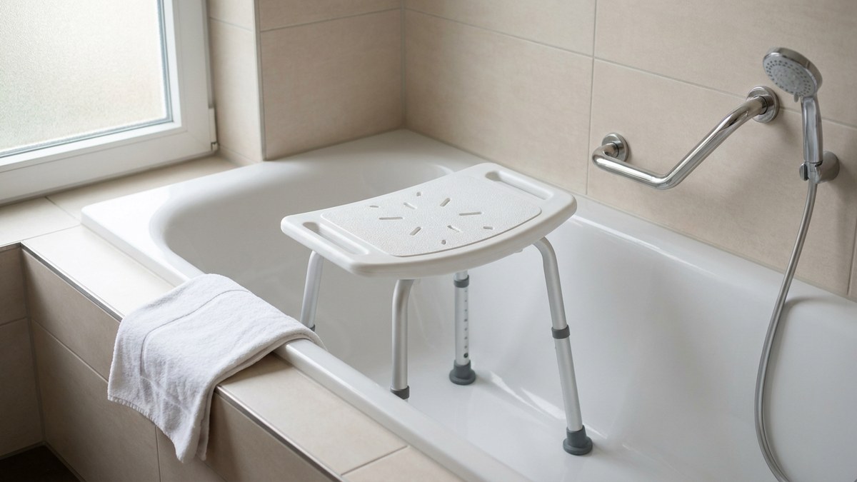 Weisser Badewannenhocker mit hoehenverstellbaren Beinen steht in einer Badewanne neben Haltegriff und Handbrause