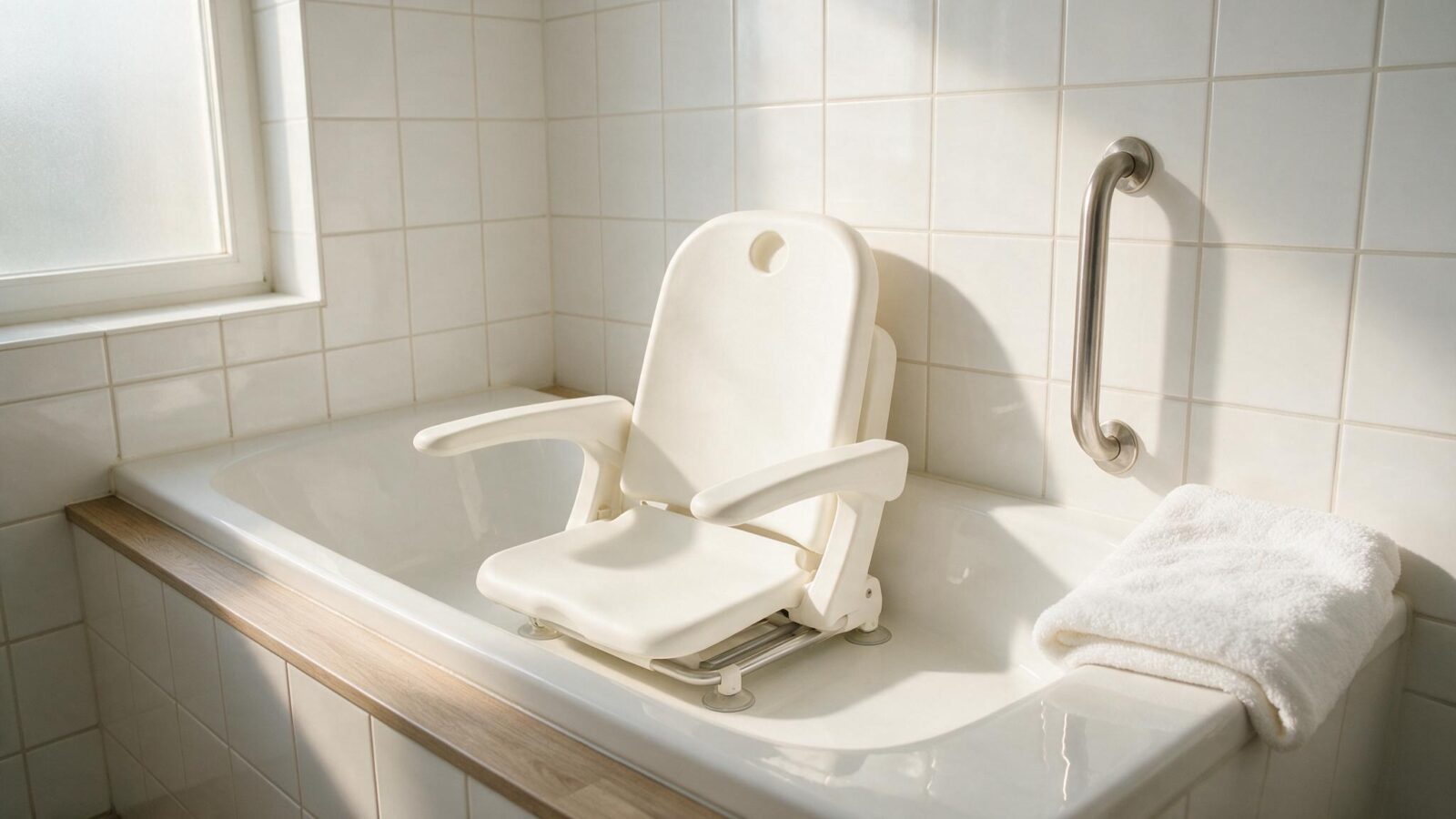 Weisser Badewannenlift mit Rückenlehne steht in einer Badewanne, an der Wand ein Haltegriff.