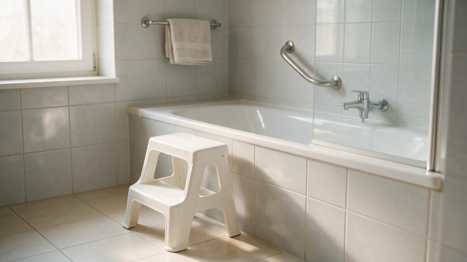 Weisse Trittstufe mit rutschfester Oberfläche steht vor einer Badewanne mit Haltegriff.