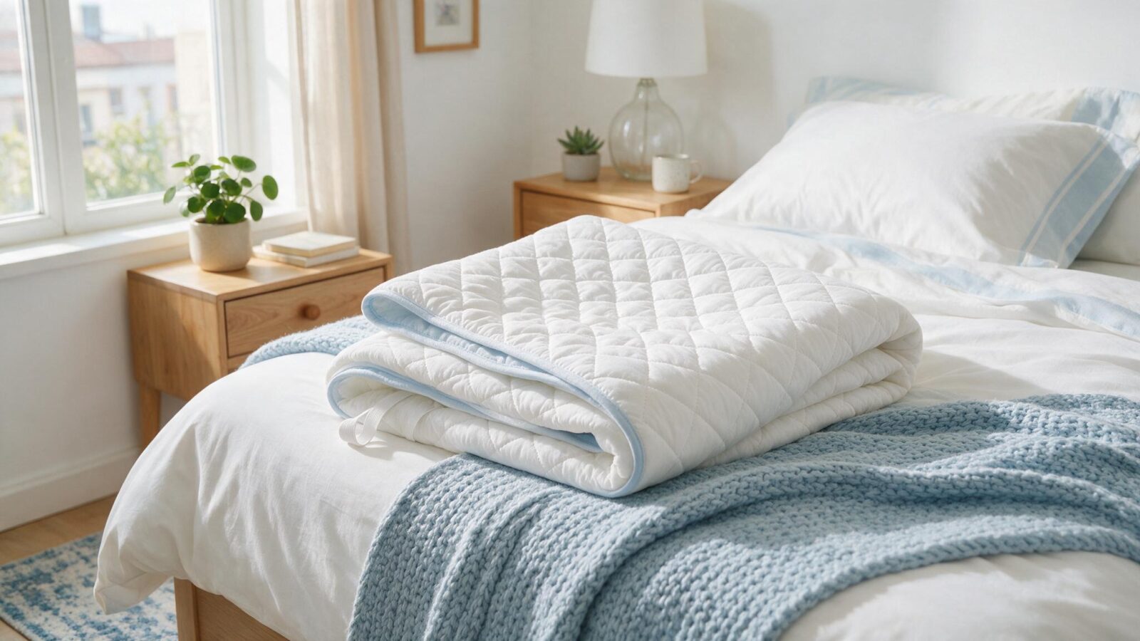 Gefaltete waschbare Betteinlage liegt auf einem frisch bezogenen Bett.