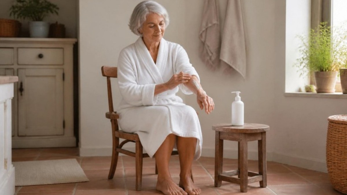 Seniorin im weissen Bademantel sitzt im Bad auf einem Holzstuhl und cremt ihren Unterarm mit Koerperlotion ein, daneben eine Pumpflasche