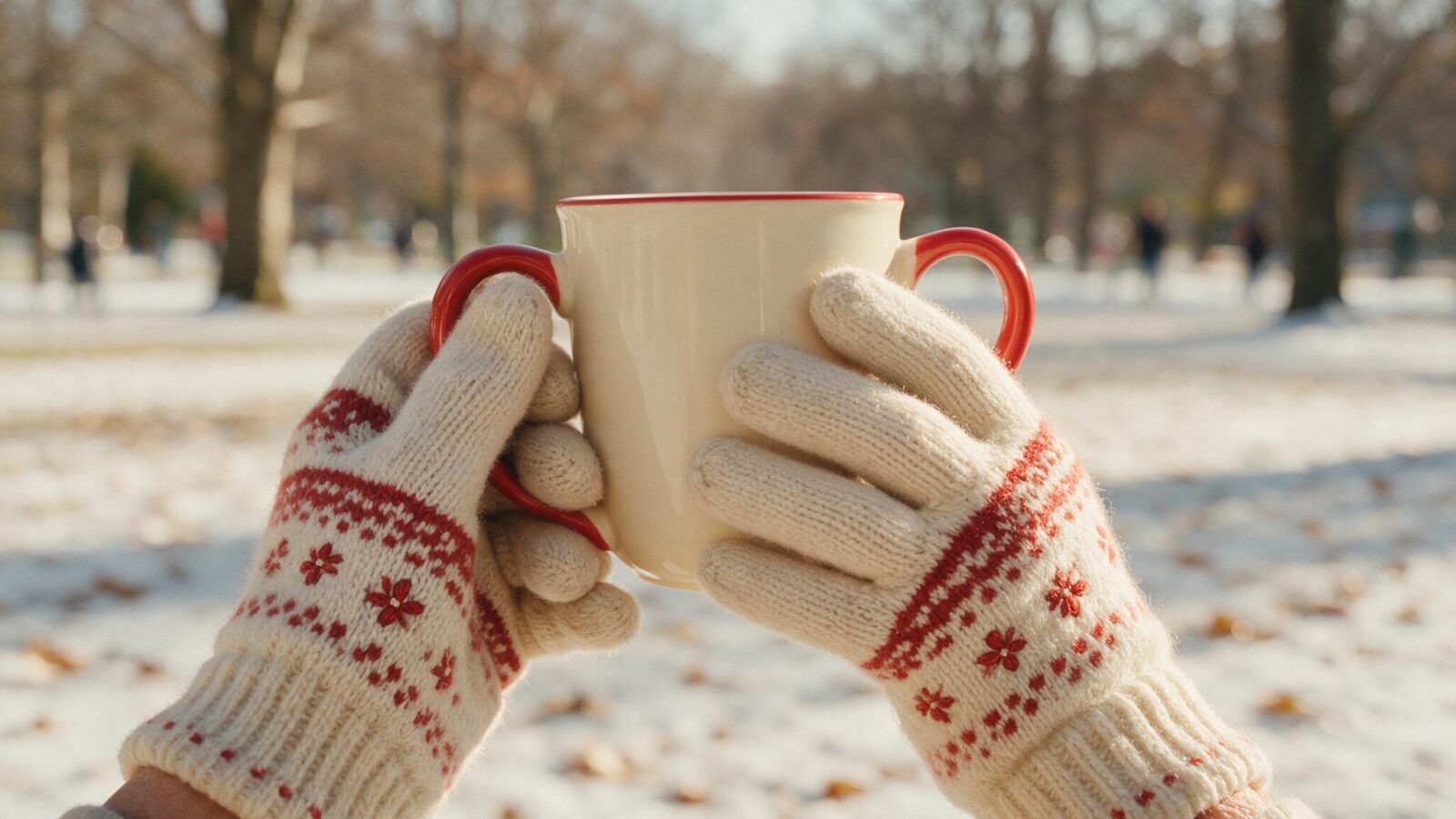 Zwei Hände in warmen Strickhandschuhen halten an einem Wintertag eine Tasse.