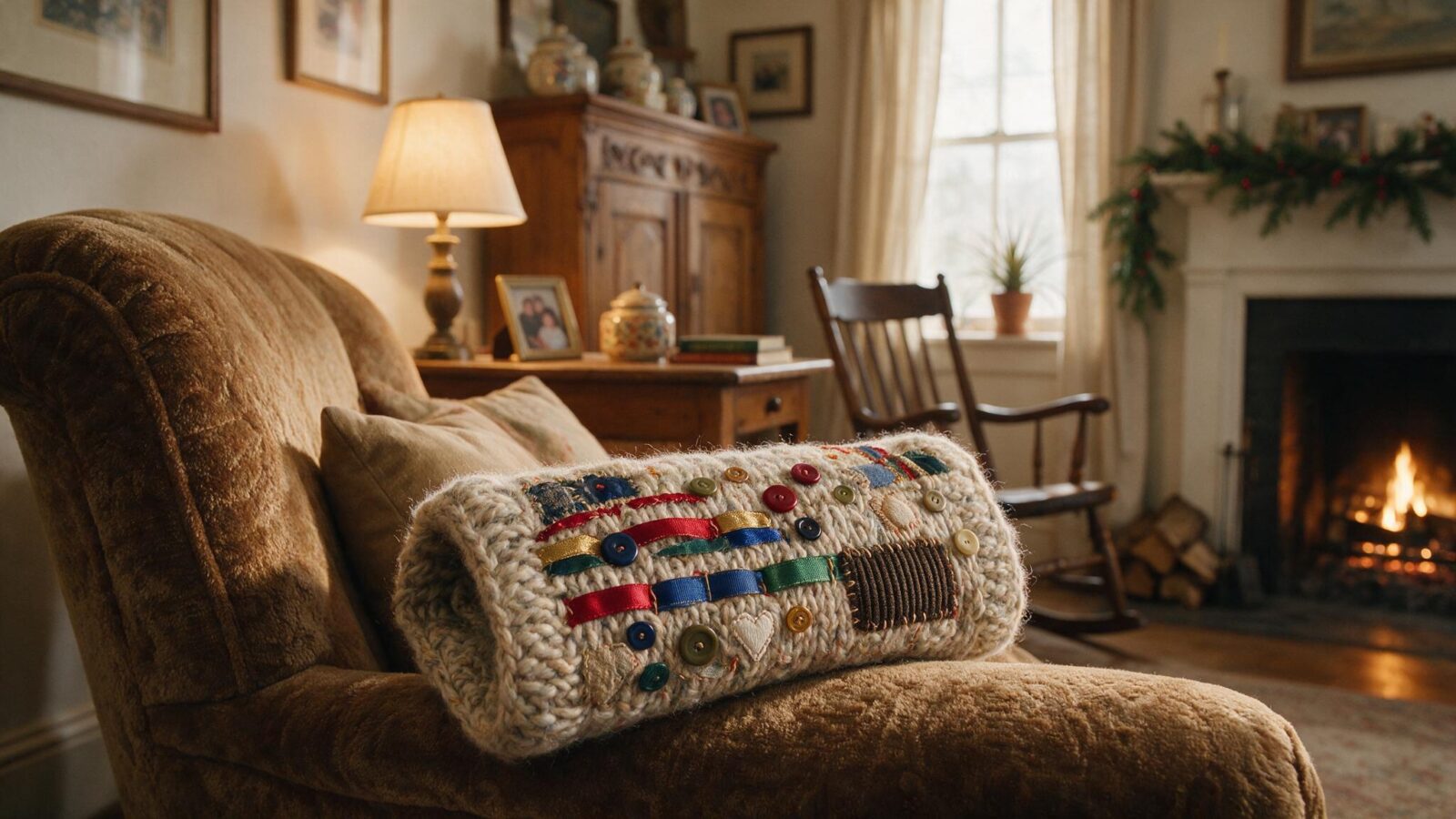 Gestrickter Nestelmuff mit Bändern und Knöpfen liegt auf einem Sessel.
