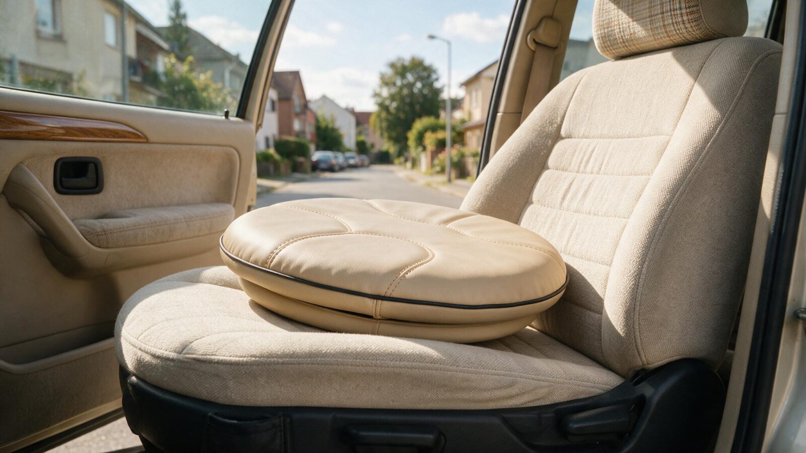 Rundes Drehkissen liegt auf dem Beifahrersitz eines Autos bei geöffneter Tür.