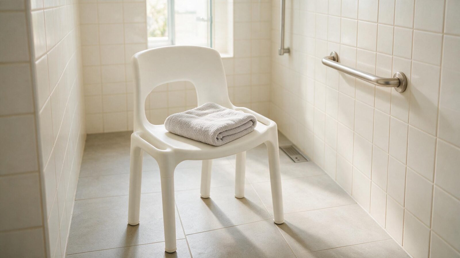 Weißer Duschstuhl mit Rückenlehne in einer bodengleichen Dusche neben einem Haltegriff.