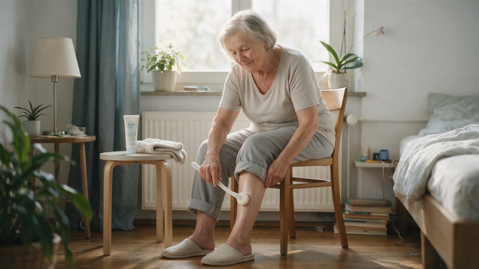 Seniorin sitzt auf einem Stuhl und cremt sich mit einer langstieligen Eincremehilfe das Bein ein, ohne sich zu buecken