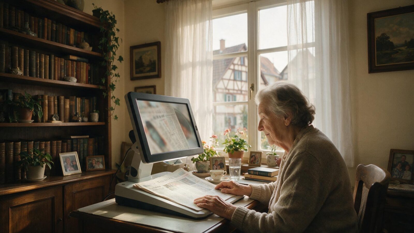 Ältere Frau liest eine Zeitung unter einer elektronischen Bildschirmlupe mit großem Monitor.