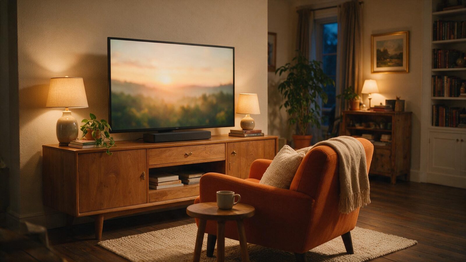 Grosser Fernseher auf einem Sideboard, davor ein bequemer Sessel im Wohnzimmer.