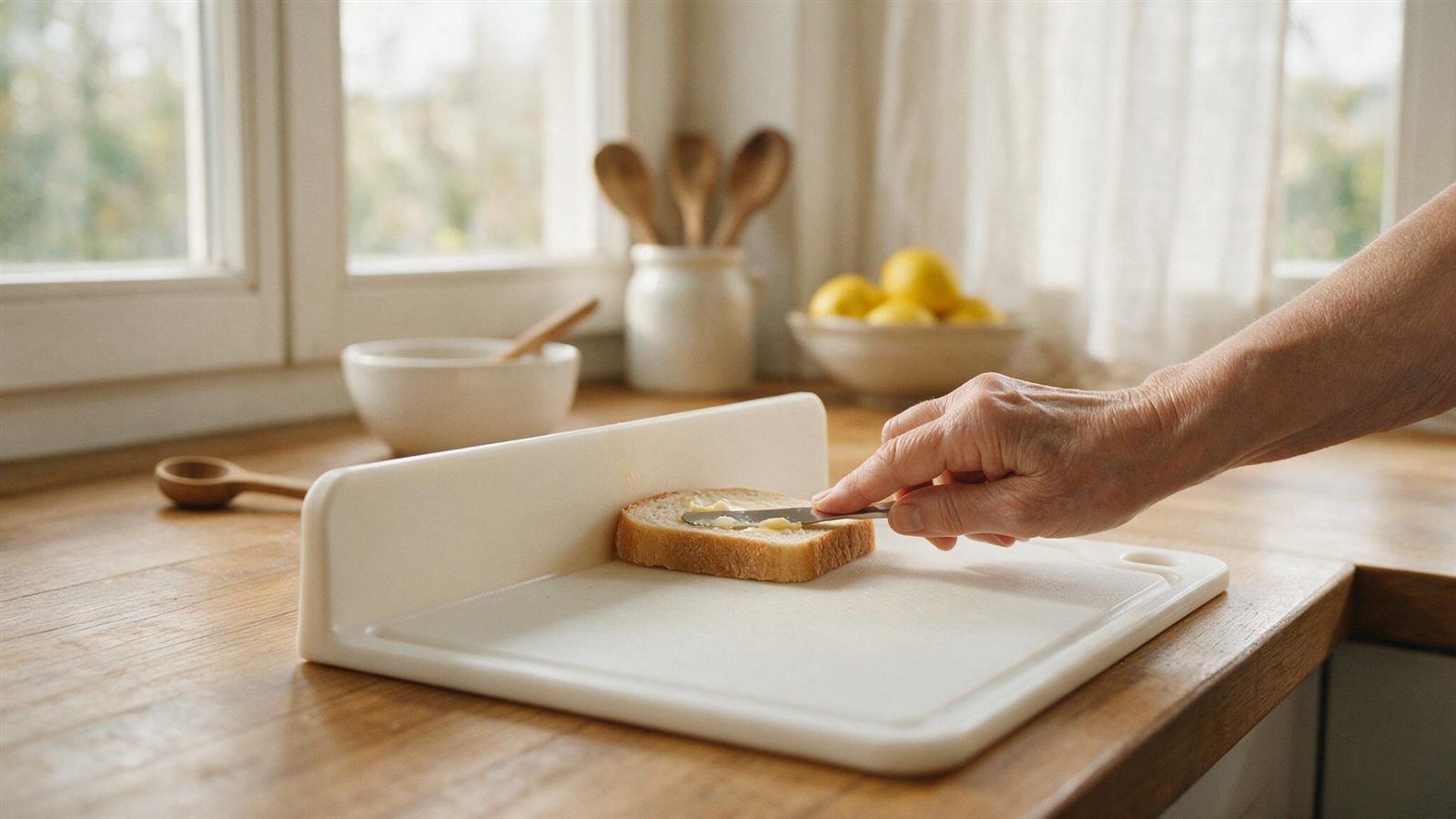 Brotscheibe liegt an der hohen Eckwand eines weissen Fixierbretts an, eine Hand bestreicht sie einhaendig mit Butter