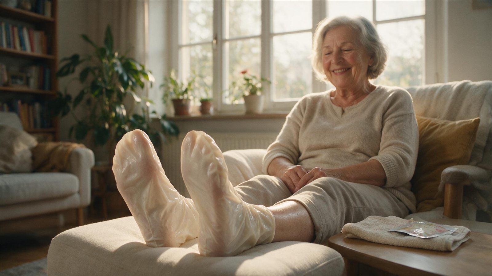 Seniorin sitzt entspannt auf dem Sofa und hat die Fuesse mit angelegten Masken-Socken auf einem Hocker hochgelegt