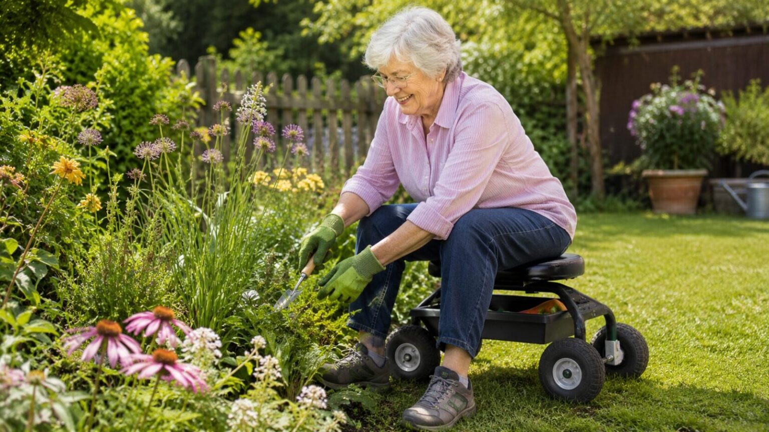 Garten-Rollsitz fuer Senioren: fahrbarer Gartenhocker mit Raedern zum Arbeiten im Sitzen ohne Buecken