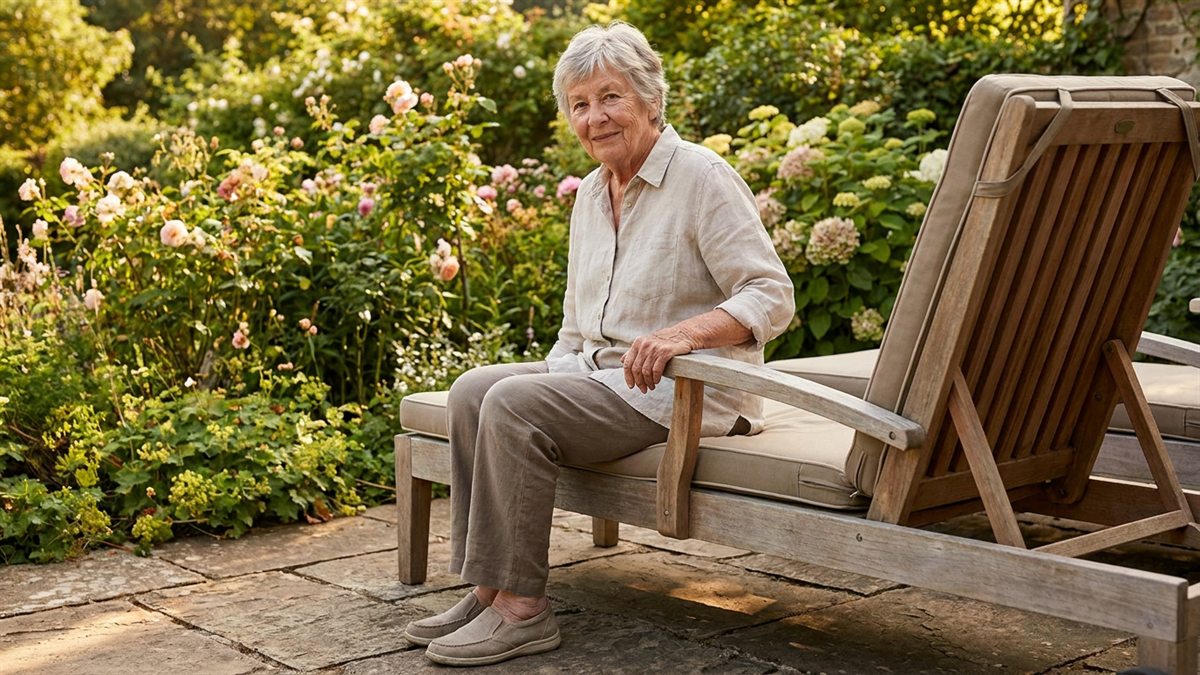 Aeltere Frau sitzt auf der Kante einer hohen Gartenliege, die Fuesse stehen fest auf dem Boden