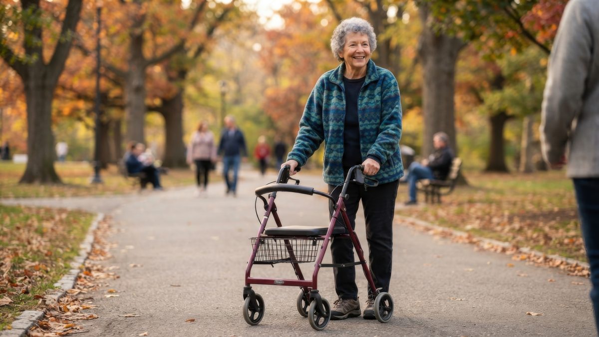 Aeltere Frau geht mit einem Rollator auf einem Parkweg, am Wegrand liegt Herbstlaub