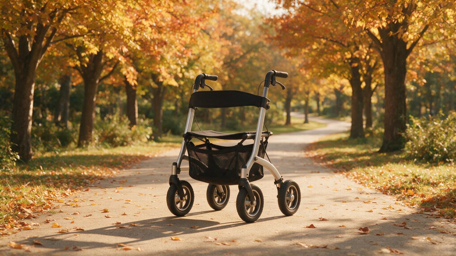 Rollator mit Sitz und Korb steht auf einem herbstlichen Parkweg.