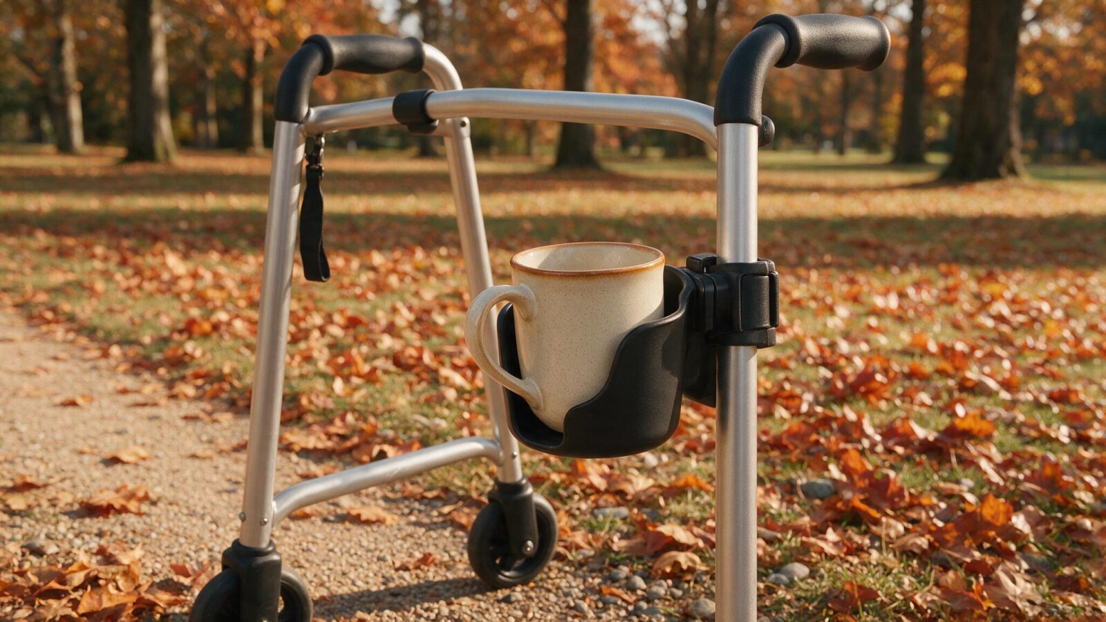 Getränkehalter mit Tasse ist am Rahmen eines Rollators befestigt.
