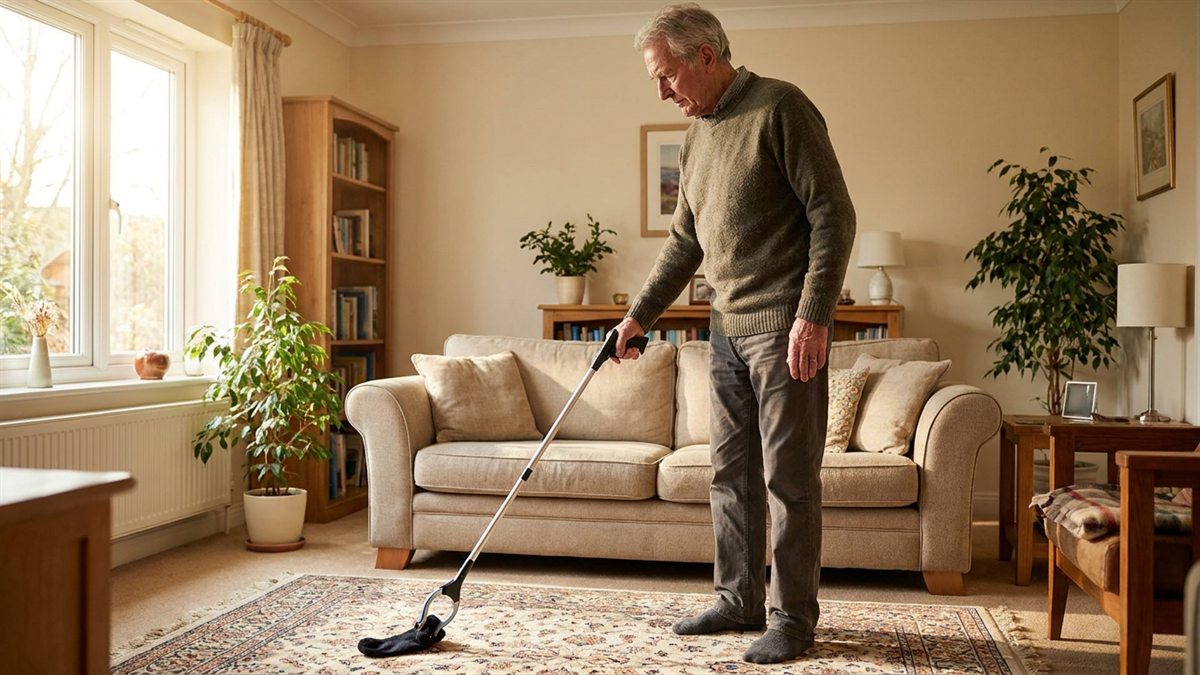 Aelterer Mann steht aufrecht im Wohnzimmer und hebt mit einer langen Greifzange etwas vom Boden auf