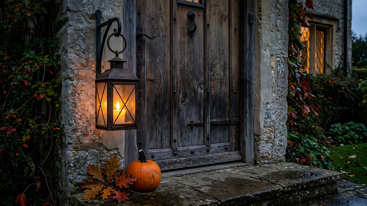 Laterne mit Kerzenlicht und ein Kuerbis vor einer alten Haustuer aus Holz am Abend