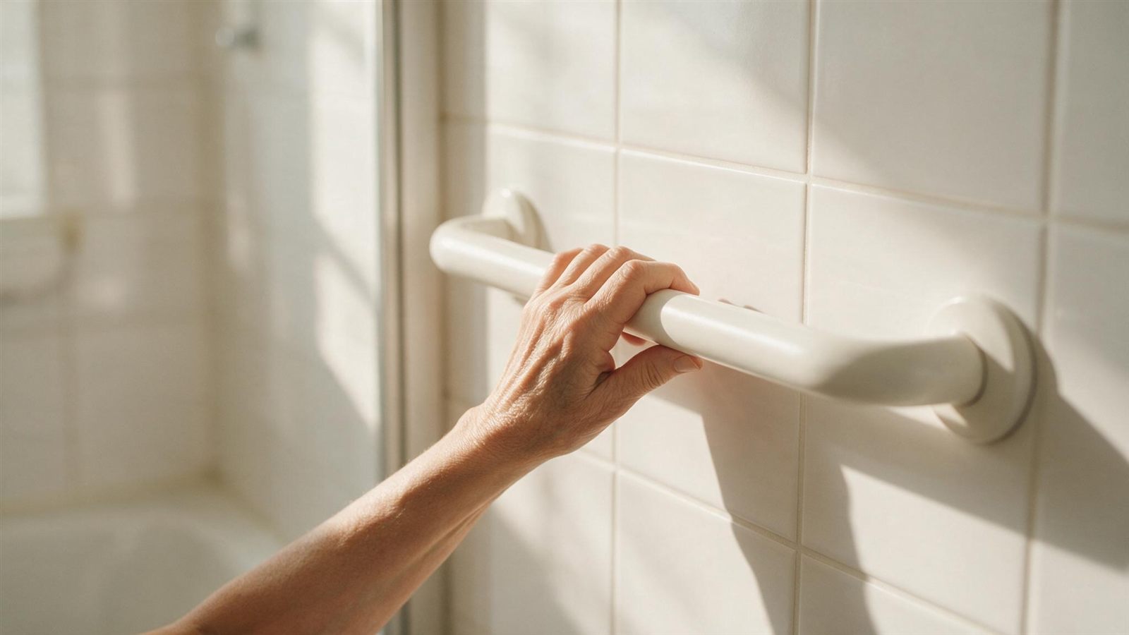 Hand einer aelteren Person umfasst einen weissen Haltegriff an der gefliesten Wand neben der Dusche