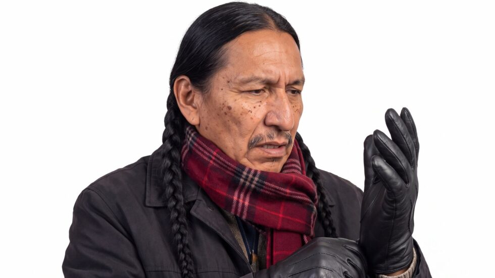 Aelterer Herr zieht gefuetterte Lederhandschuhe an