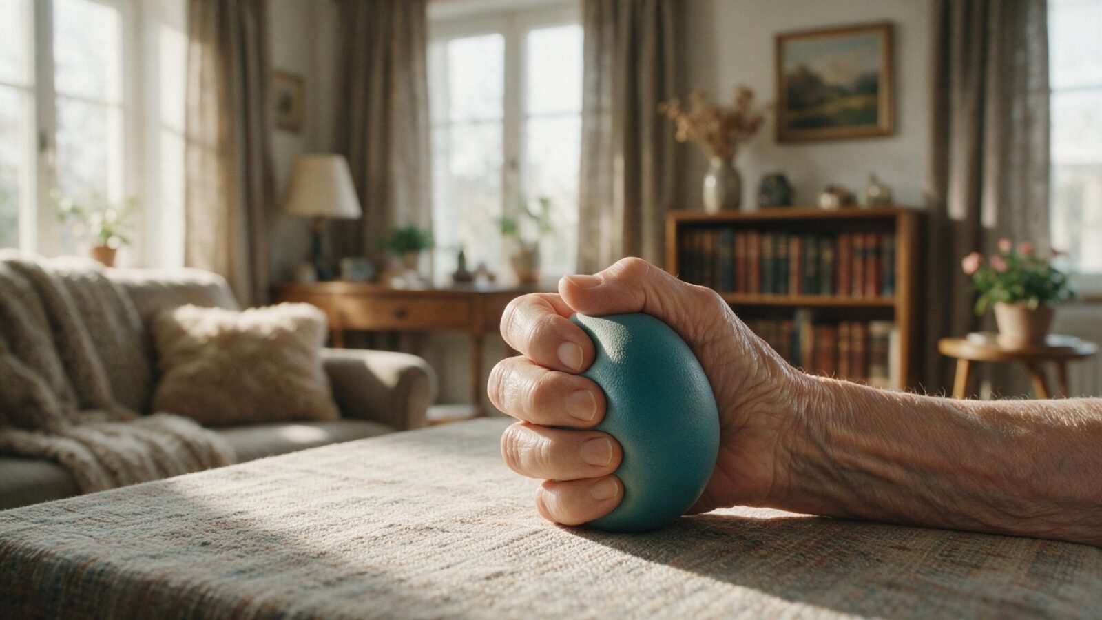 Ältere Hand drückt einen weichen Therapieball zum Fingertraining.