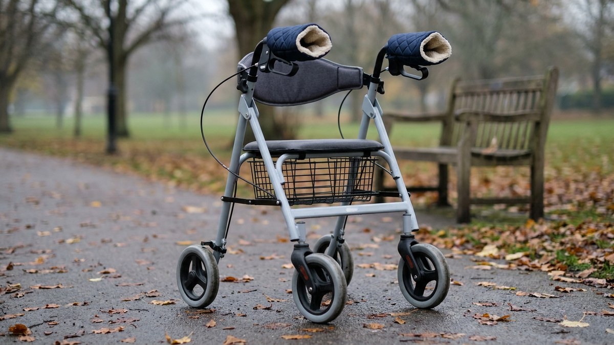 Rollator mit vier Raedern, Sitz und Korb, ueber beide Griffe sind gefuetterte Handwaermer gezogen.