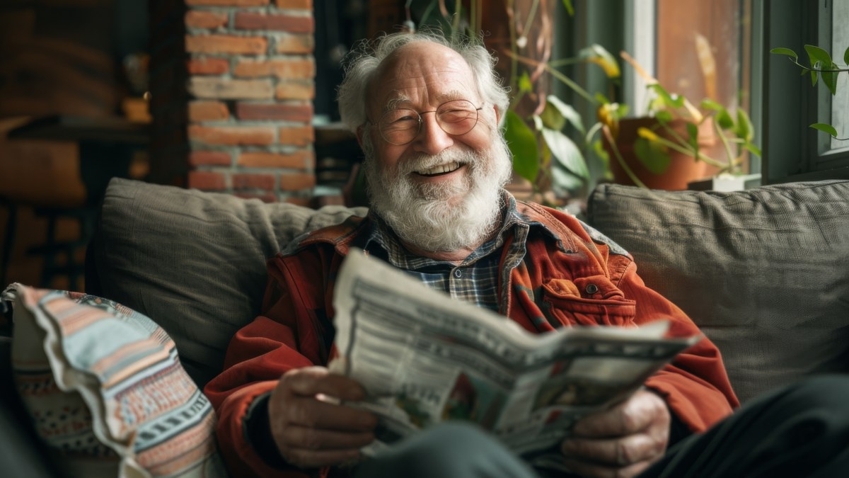 Lachender aelterer Mann mit weissem Bart sitzt in einer roten Jacke auf dem Sofa und liest Zeitung
