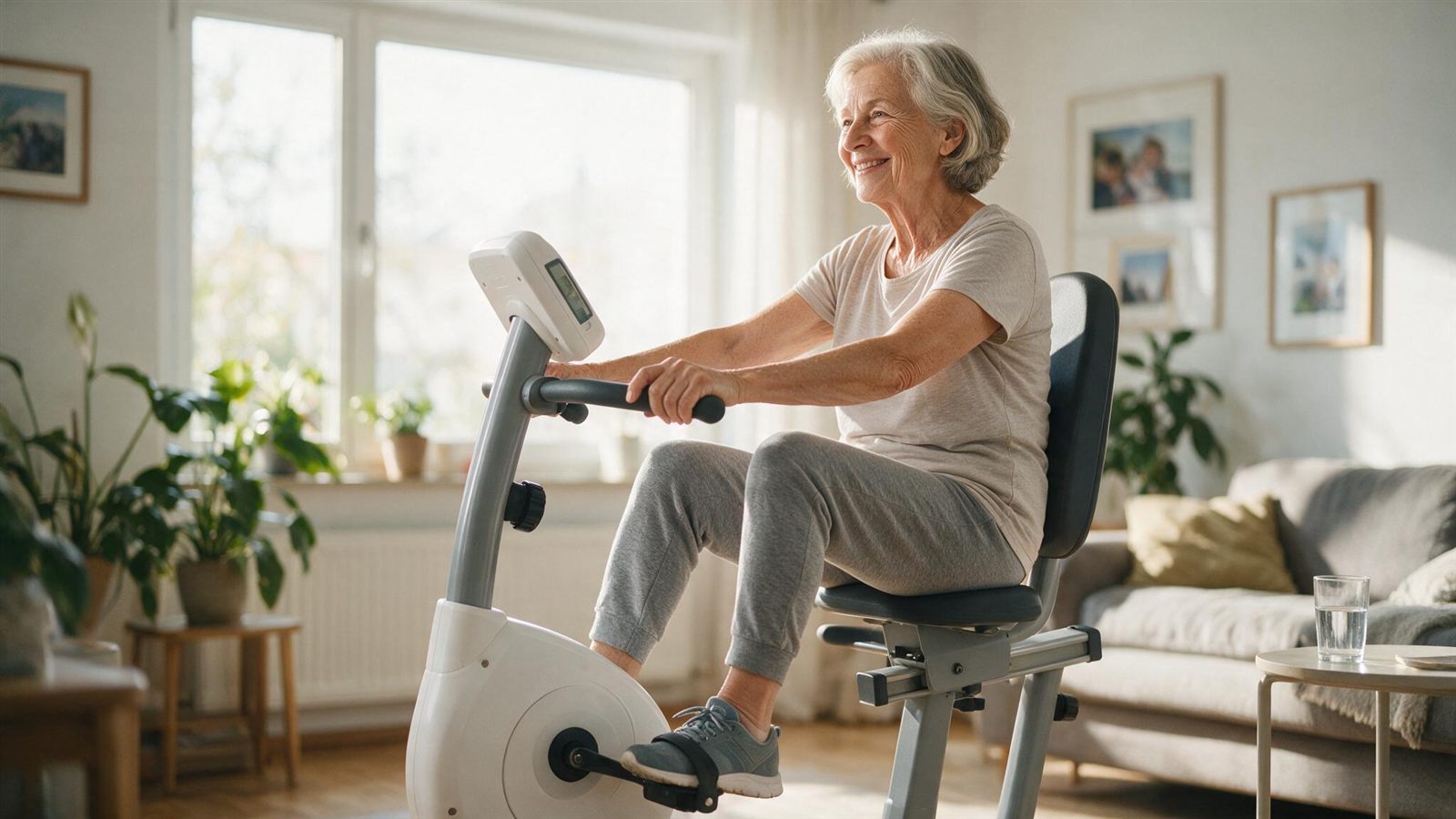 Seniorin traegt Sportkleidung und tritt entspannt auf einem Heimtrainer mit Rueckenlehne im hellen Wohnzimmer