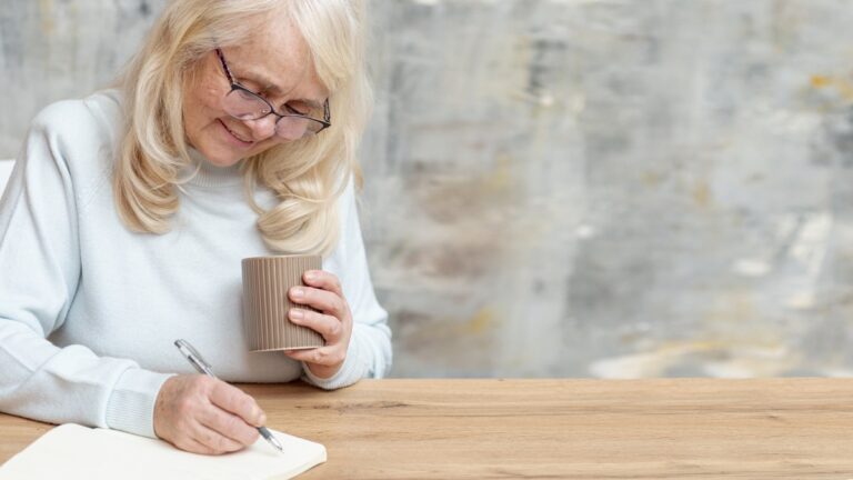 Aeltere Frau mit Brille schreibt am Holztisch in ein Notizbuch und haelt eine Tasse