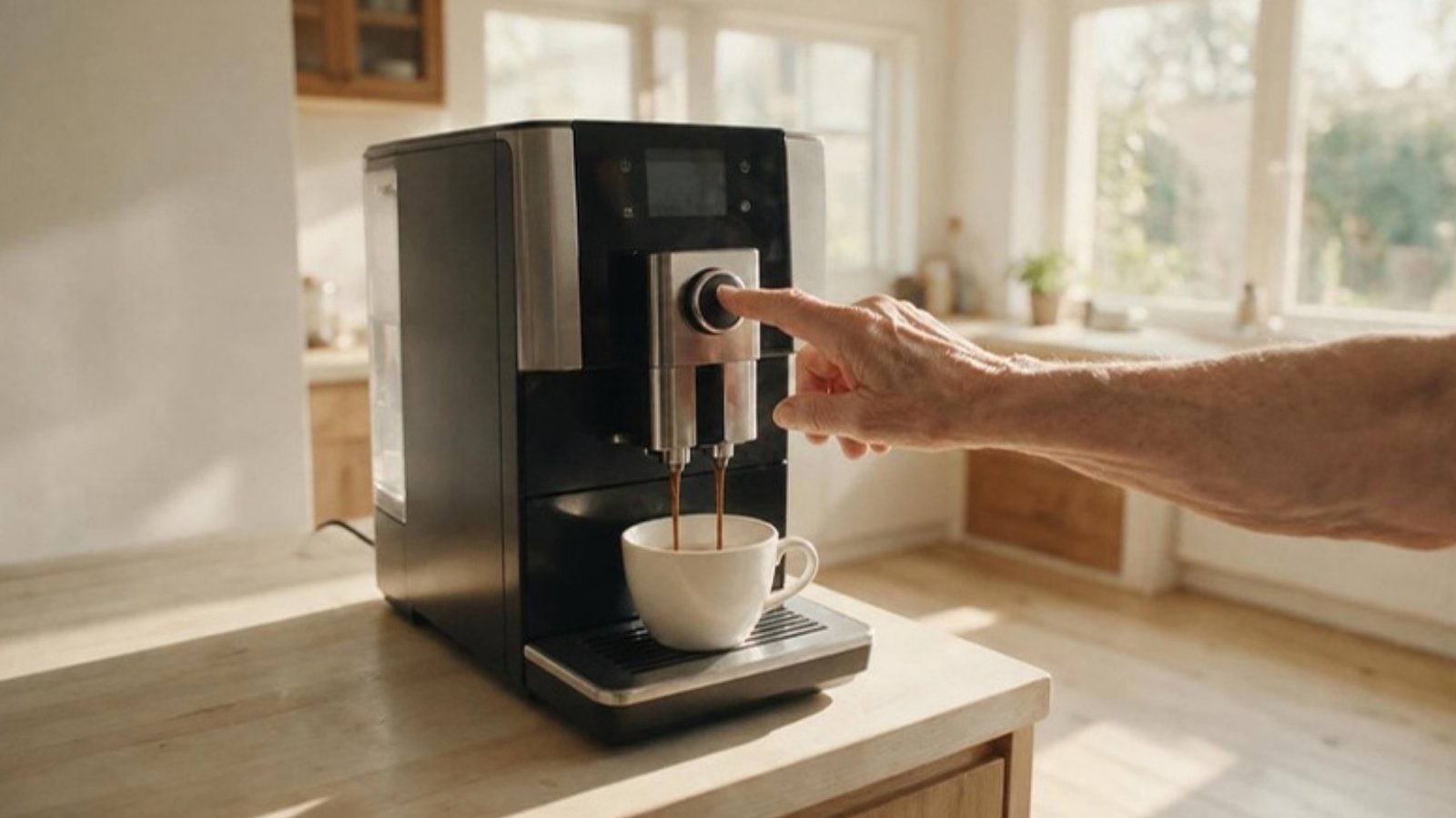 Hand einer aelteren Person drueckt eine einzelne runde Taste an einem Kaffeevollautomaten, Kaffee laeuft in eine weisse Tasse