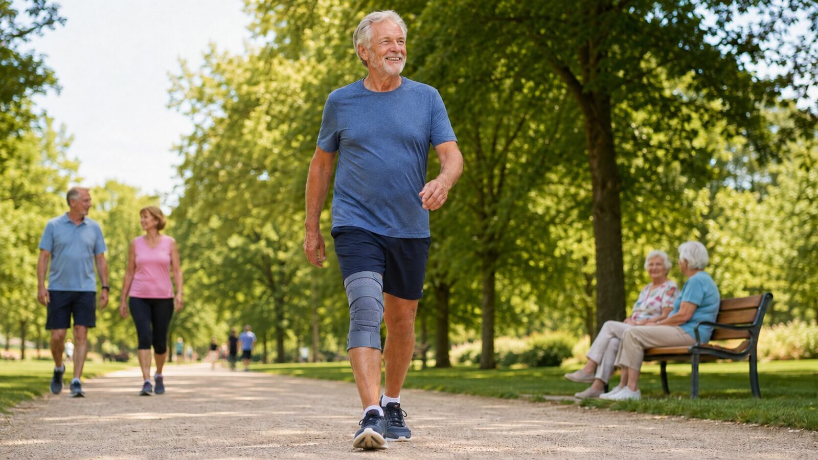 Kniebandage als Kniestuetze fuer Senioren mit leichter Kompression rund ums Knie