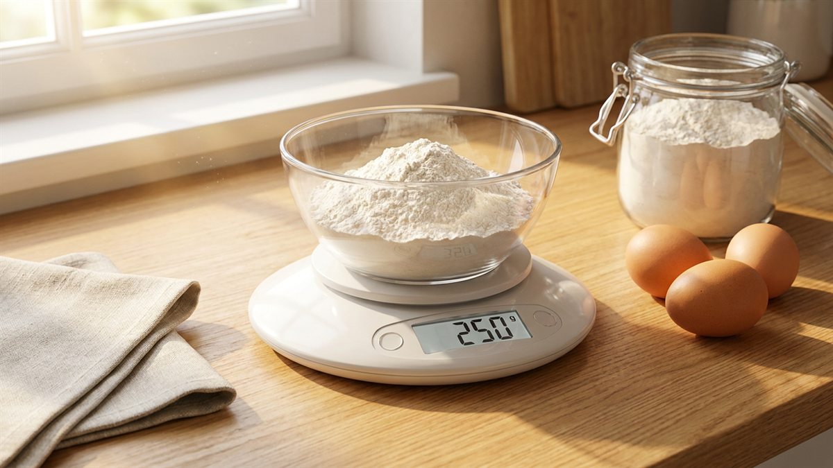 Digitale Kuechenwaage mit einer Glasschuessel Mehl, das grosse Display zeigt 250 Gramm