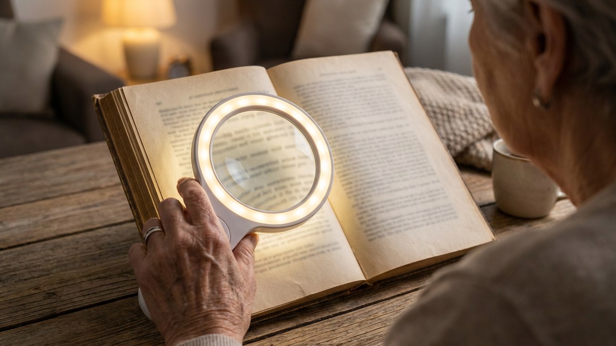 Aeltere Frau haelt eine beleuchtete Leselupe flach ueber die aufgeschlagene Buchseite