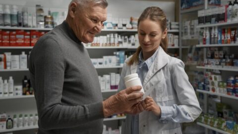Aelterer Mann laesst sich in der Apotheke von einer Apothekerin zu einer Arzneidose beraten