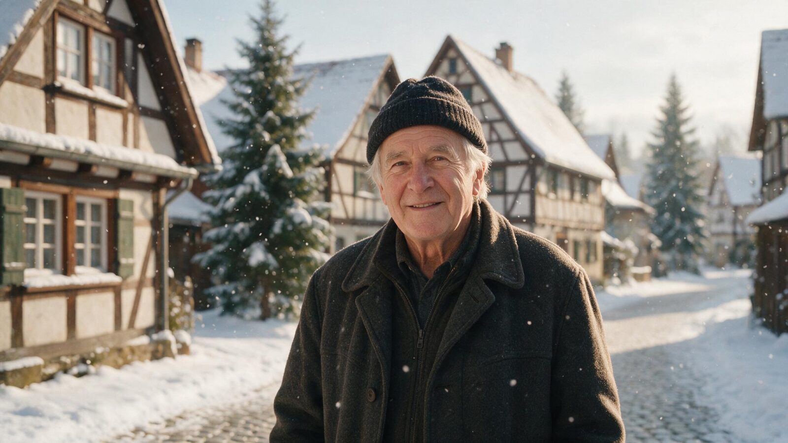 Älterer Mann mit warmer Strickmütze steht in einem verschneiten Dorf mit Fachwerkhäusern.