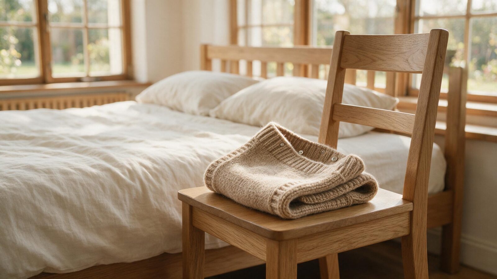 Gestrickter Nierenwärmer liegt zusammengelegt auf einem Stuhl neben dem Bett.
