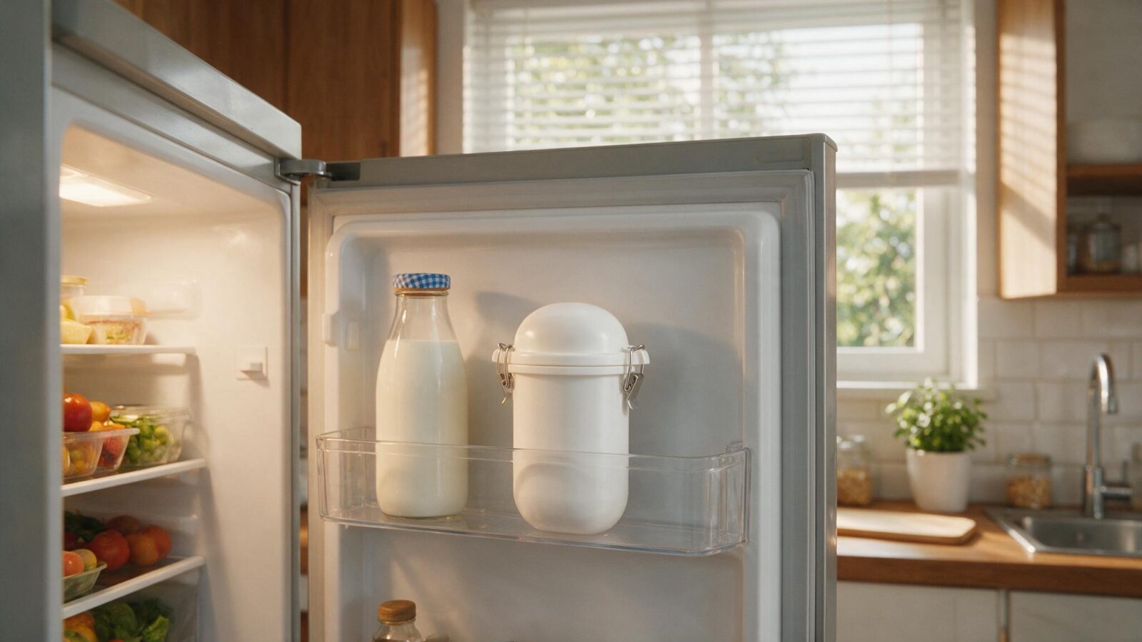 Weiße Notfalldose steht griffbereit in der Kühlschranktür neben einer Milchflasche.