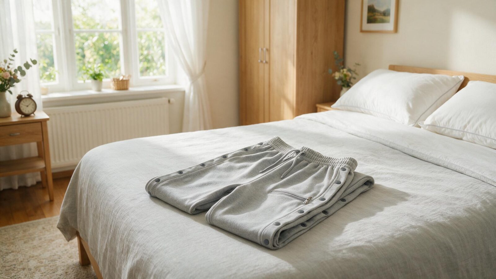 Graue Pflegehose mit seitlichen Druckknöpfen liegt zusammengelegt auf einem Bett.