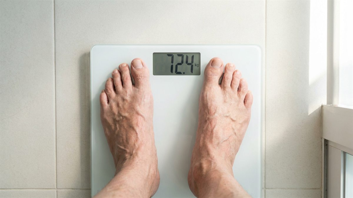 Digitale Personenwaage mit grossem Display steht flach auf einem hellen gefliesten Badezimmerboden
