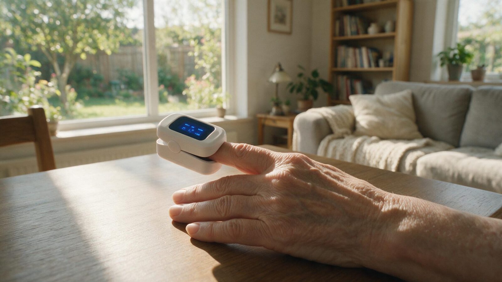 Pulsoximeter am Zeigefinger einer älteren Person, die Hand ruht auf einem Tisch.