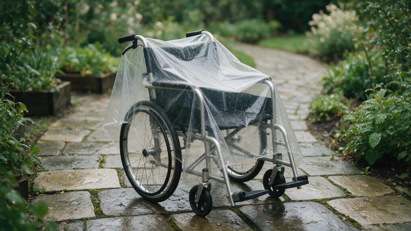 Durchsichtiges Regencape liegt über einem Rollstuhl auf einem nassen Gartenweg.